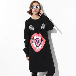 Ripped Long Sleeve Printed Midi T-shirt Dress