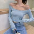 Long-sleeve Off-shoulder Ruffled Plain T-shirt