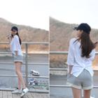 Elbow-sleeve V-neck Slit-hem T-shirt