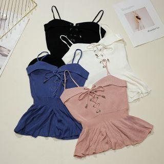 Spaghetti Strap Lace Up Peplum Knit Top