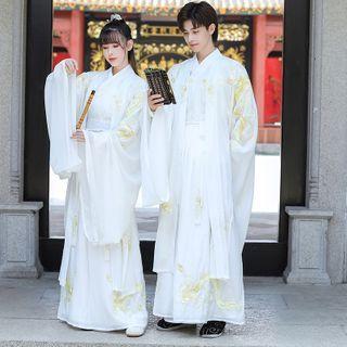 Set: Dragon Embroidered Hanfu Top + Tie-waist Maxi Skirt / Hanfu Long Light Jacket