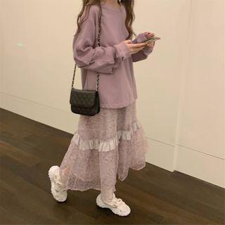 Plain Pullover / Tiered Midi A-line Skirt