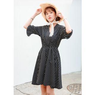 Elbow-sleeve V-neck Drawstring-waist Polka-dot A-line Dress