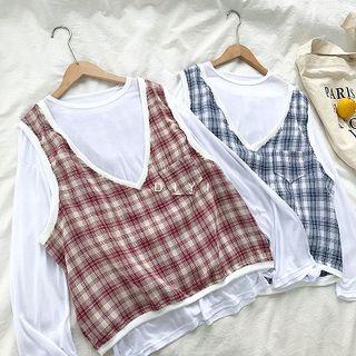 Set: Crew-neck Long-sleeve Top + Plaid V-neck Sleeveless Top