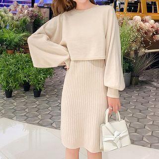 Set: Balloon-sleeve Cropped Sweater + Ribbed Knit Tank Dress
