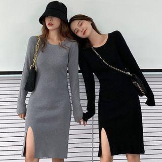Long-sleeve Knit Slit-hem Bodycon Dress