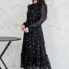 Star Print Chiffon Blouse / Long-sleeve Midi A-line Dress