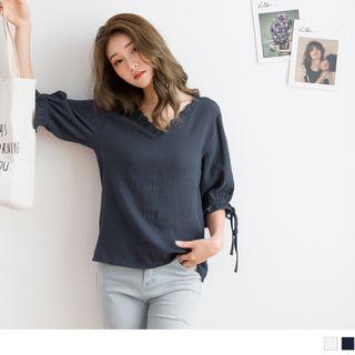 Tie-sleeve V-neck Lace Trim Top