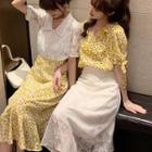 Printed Lace-up Short-sleeve Blouse / Lace Short-sleeve Blouse / High-waist Skirt / Lace High-waist Skirt