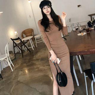 Long-sleeve Ruched Slit Midi Sheath Dress