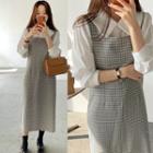Long-sleeve Wide Collar Blouse / Plaid Midi A-line Pinafore Dress