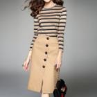 Set: Striped Long Sleeve Knit T-shirt + Buttoned Midi Skirt