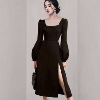 Long-sleeve Square Neck Slit A-line Dress