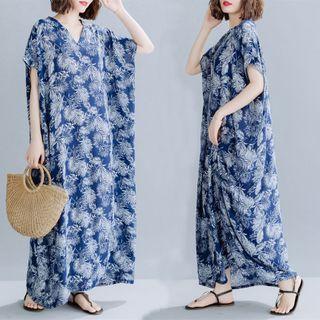 Leaf Print Short-sleeve V-neck Maxi Shift Dress Blue - One Size
