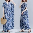 Leaf Print Short-sleeve V-neck Maxi Shift Dress Blue - One Size