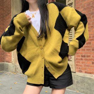 V-neck Argyle Knit Cardigan Black&yellow - One Size