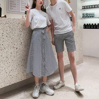 Couple Matching Short-sleeve Embroidered T-shirt / Striped Shorts / Striped Midi A-line Skirt