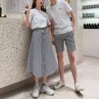 Couple Matching Short-sleeve Embroidered T-shirt / Striped Shorts / Striped Midi A-line Skirt