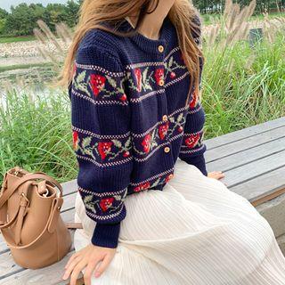 Round-neck Rose-pattern Cardigan Navy Blue - One Size
