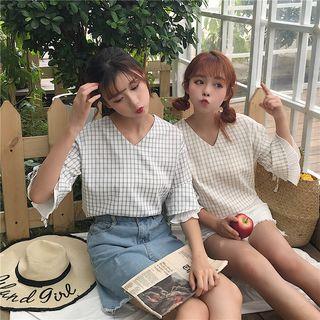V-neck Plaid Elbow-sleeve Top