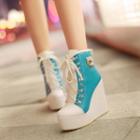 Two-tone Lace-up Platform Wedge Heel Short Boots