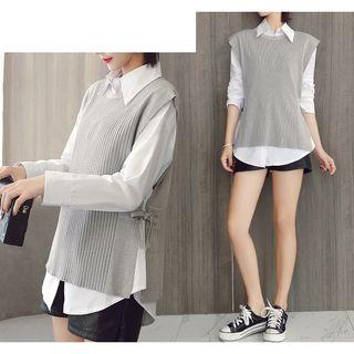 Set: Ribbed Sweater Vest + Plain Shirt