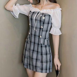 Off-shoulder Mock Two-piece Plaid Dress