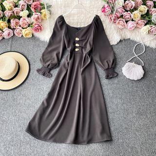 V-neck Bell-sleeve Smocked Dress