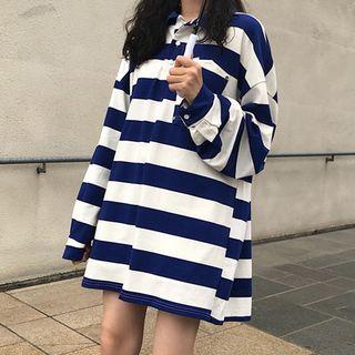 Long-sleeve Oversized Striped Polo Shirt Stripe - Blue & White - One Size