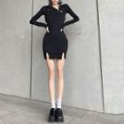 Mock-neck Slit-hem Minidress Black - One Size