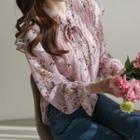 Tie-neck Ruffle-trim Shirred Floral Blouse