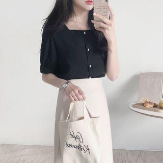Puff-sleeve Square Neck Plain Blouse