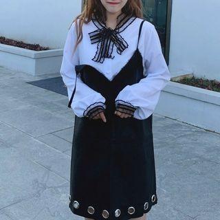 Tie-neck Chiffon Blouse / Faux Leather Grommet Pinafore Dress