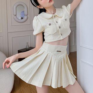 Set: Puff-sleeve Pocket Detail Crop Shirt + Mini Pleated Skirt