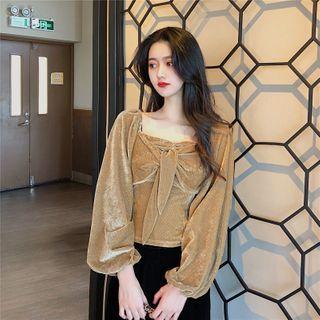 Dotted Bow Velvet Puff-sleeve Top