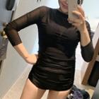 Set: Spaghetti Strap Swimsuit + Long-sleeve Top