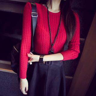 Plain Crew-neck Long-sleeve Knit Top