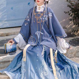 Set: Floral Embroidered Hanfu Top + Mandarin Collar Plain Top + Pleated Maxi Skirt