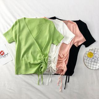 Deep V-neck Drawstring T-shirt