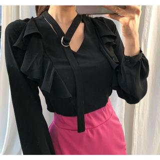 Buckled-neck Ruffle-trim Chiffon Top