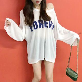 Long-sleeve Lettering Slit Back T-shirt White - One Size