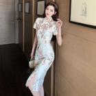 Mandarin Collar Lace Trim Slit Floral Midi Bodycon Dress