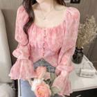 Off-shoulder Long-sleeve Floral Cropped Chiffon Shirt