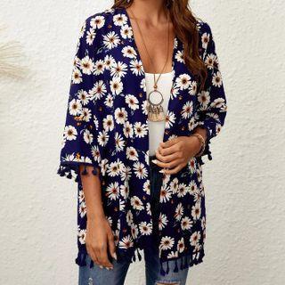 3/4-sleeve Floral Print Open Front Jacket
