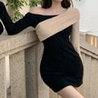 Off-shoulder Two-tone Sheath Dress Black - One Size