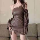 Long-sleeve Cold Shoulder Chain Strap Mini Bodycon Dress