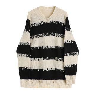 Striped Distressed Sweater Black - One Size