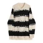 Striped Distressed Sweater Black - One Size