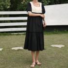 Two-tone Square-neck Short-sleeve Midi A-line Dress