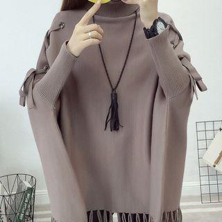 Mock-turtleneck Lace-up Sleeve Fringed Knit Cape Top
